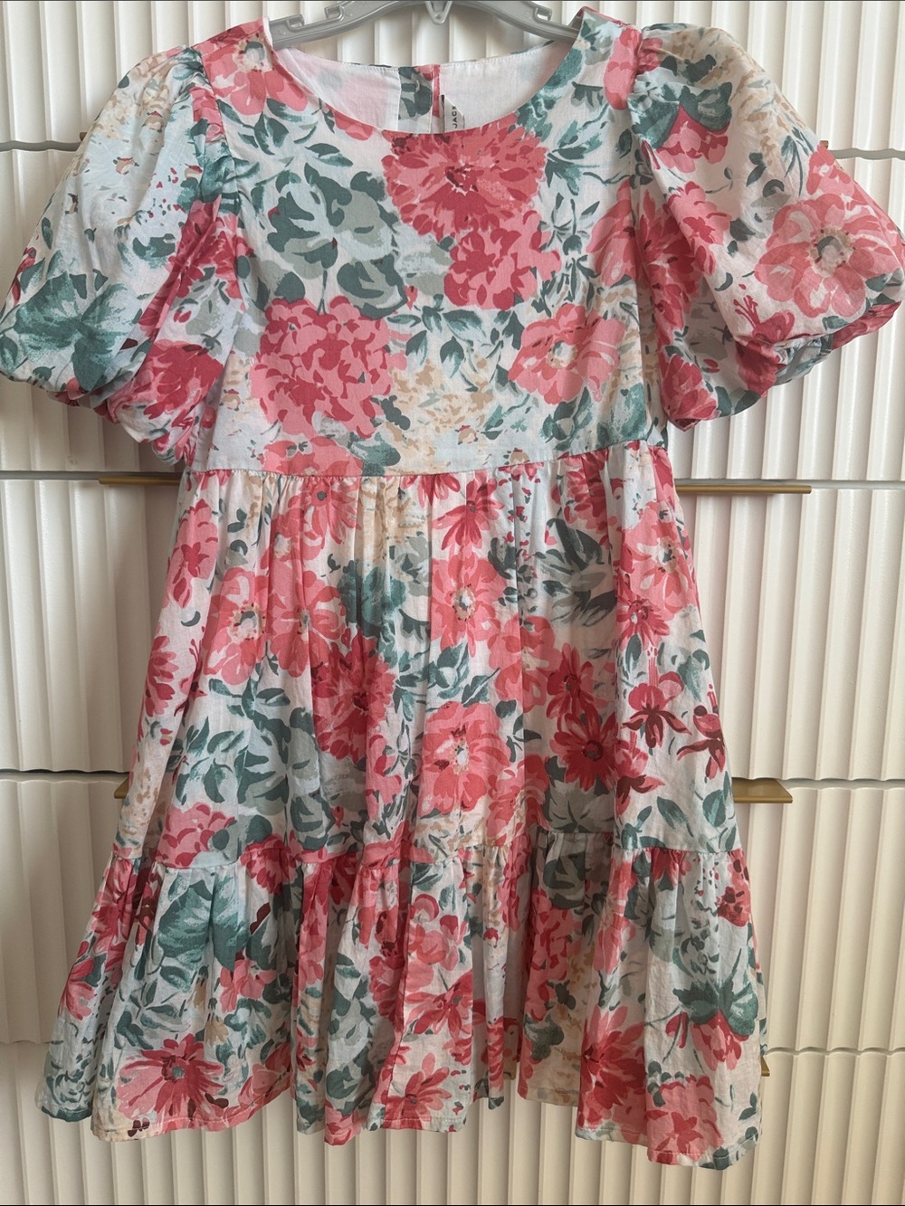 Janie and Jack Coral & Green Floral Puff-Sleeve Dress